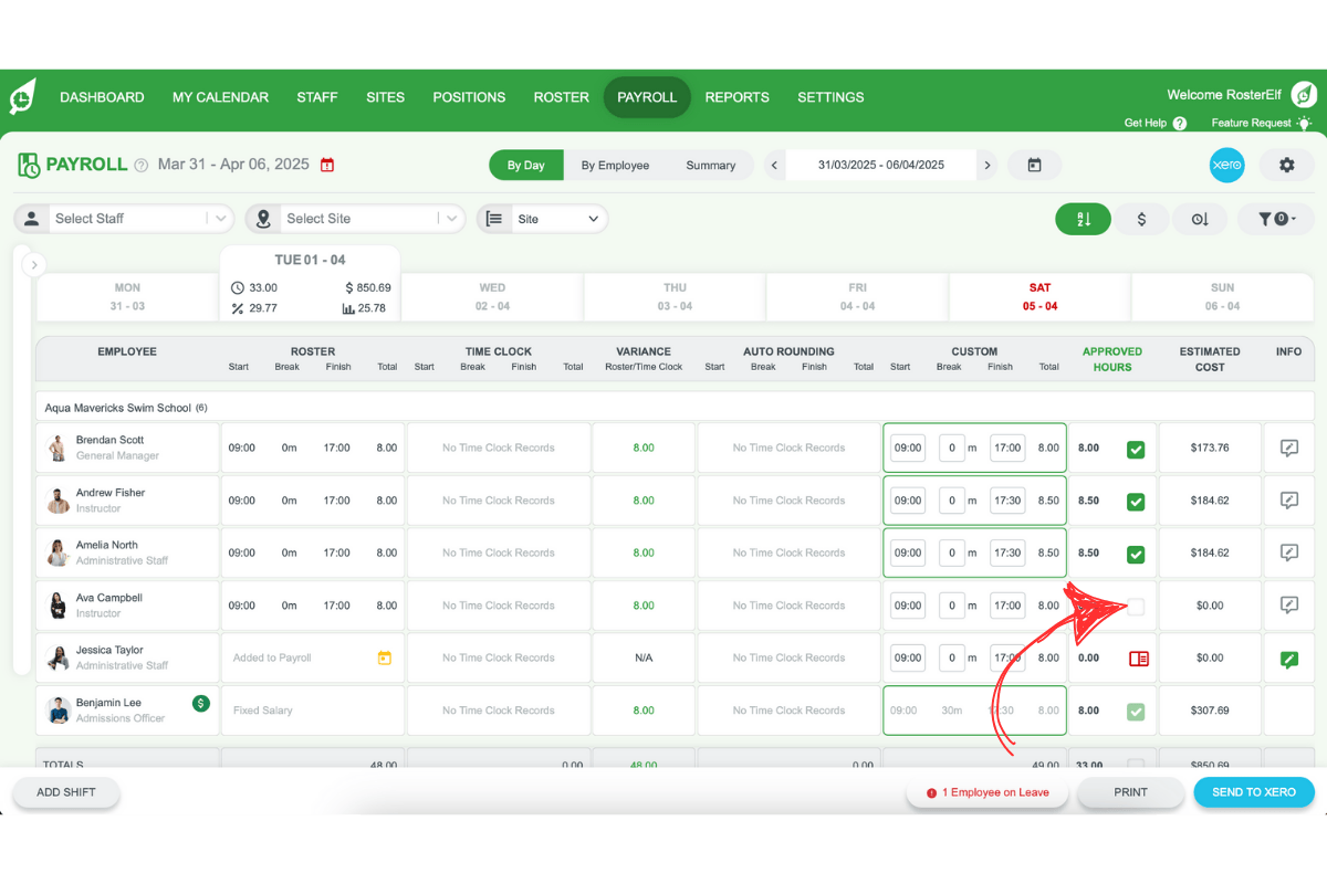 Screenshot showing an employee record being unticked for payroll export.