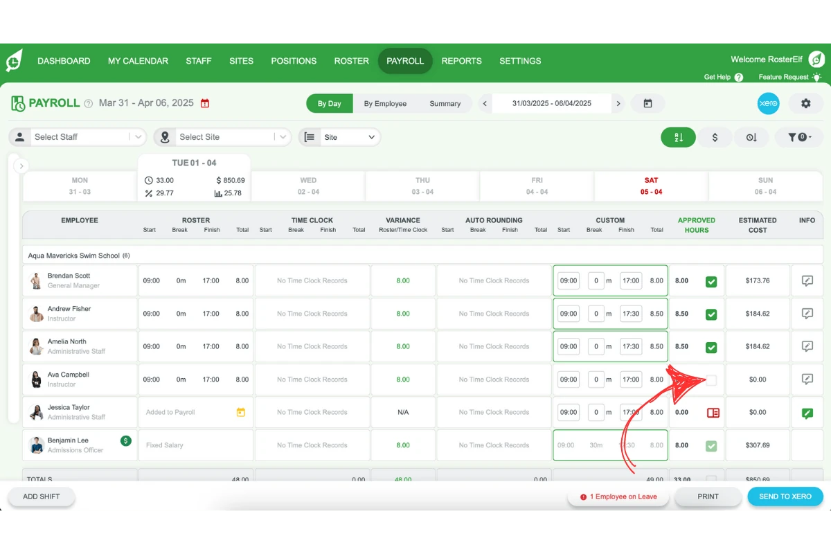 Screenshot showing an employee record being unticked for payroll export.