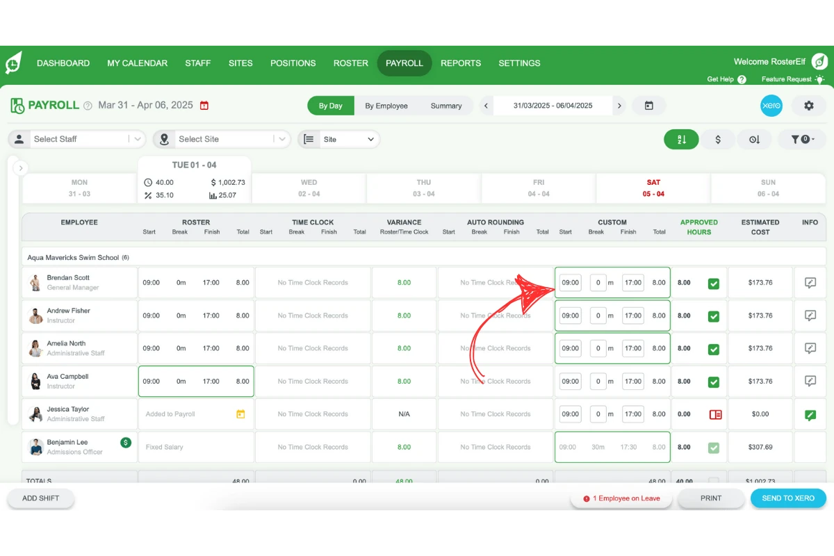 Screenshot illustrating a shift time cell with a green outline indicating approval.