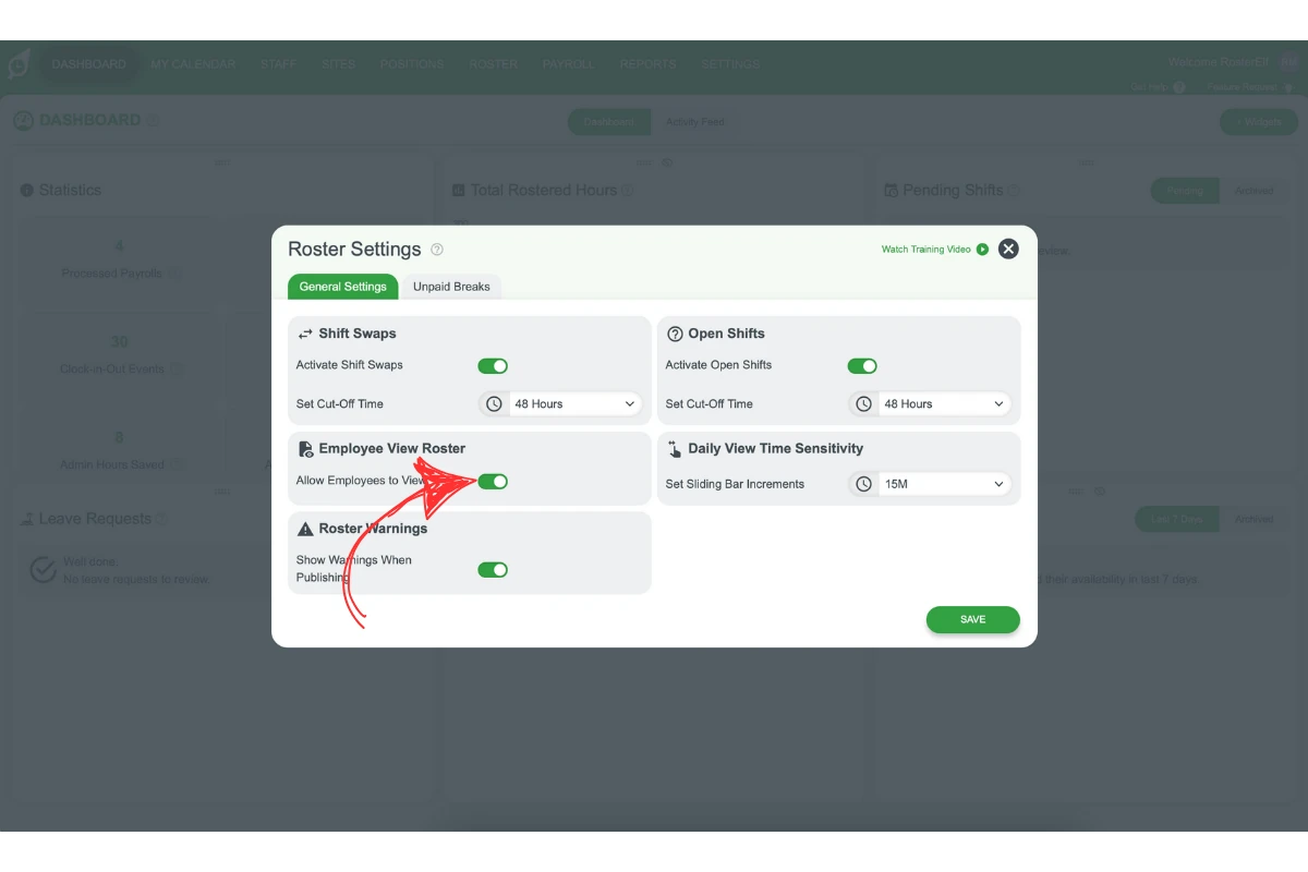 RosterElf - Employee View Roster toggle in Roster settings
