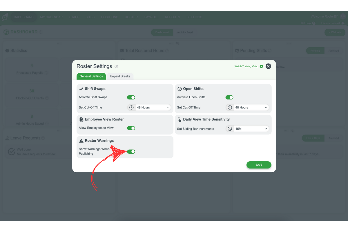 RosterElf - Publishing Warnings settings