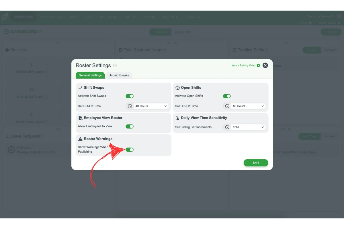 RosterElf - Publishing Warnings settings
