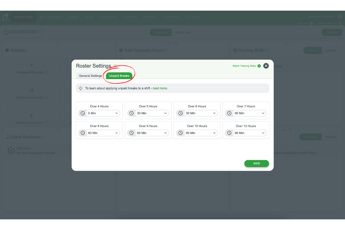 RosterElf - Unpaid Breaks tab