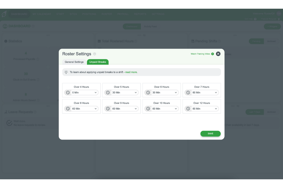 RosterElf - Adjusting unpaid breaks by shift length