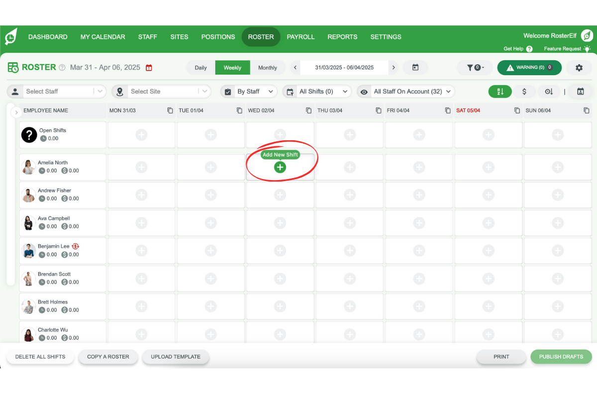 Creating new shifts in the RosterElf roster