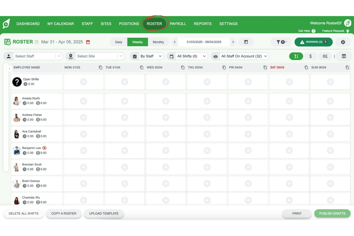 Roster tab in top navigation of RosterElf