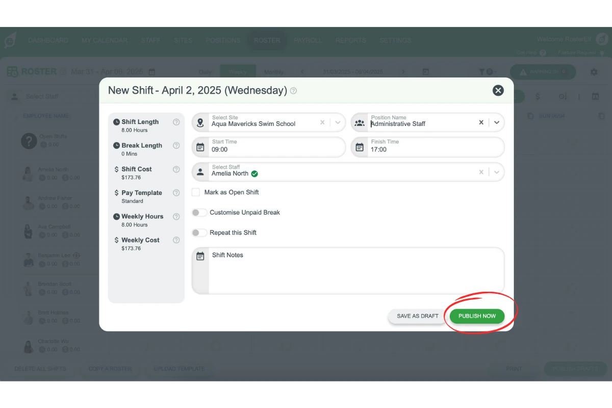 Shift creation interface in RosterElf