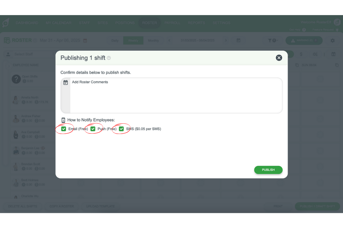 Notification settings section for SMS, email, and push