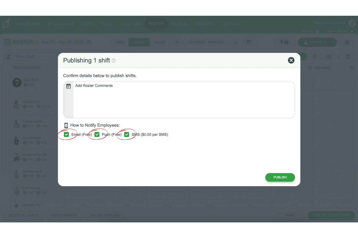 Notification settings section for SMS, email, and push