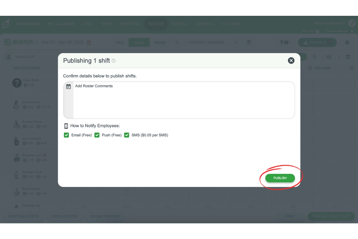 Publishing roster with notifications in RosterElf