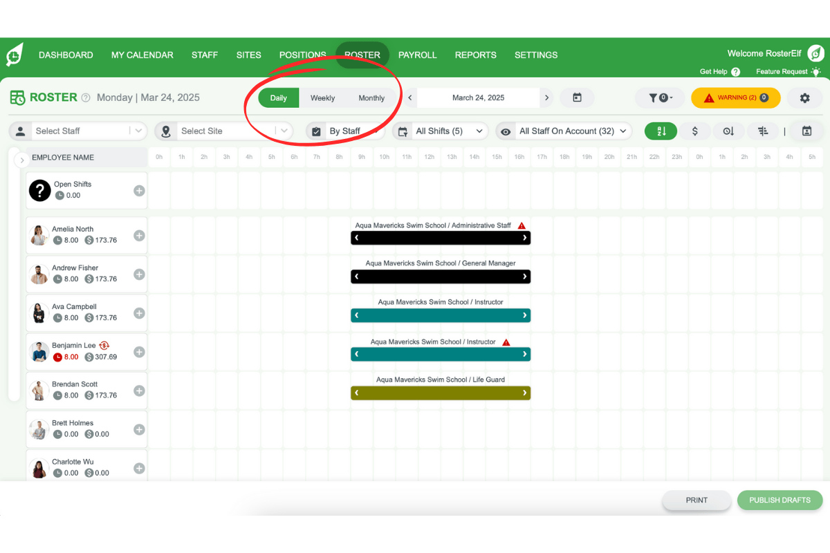 RosterElf period selector showing daily, weekly, and monthly view options