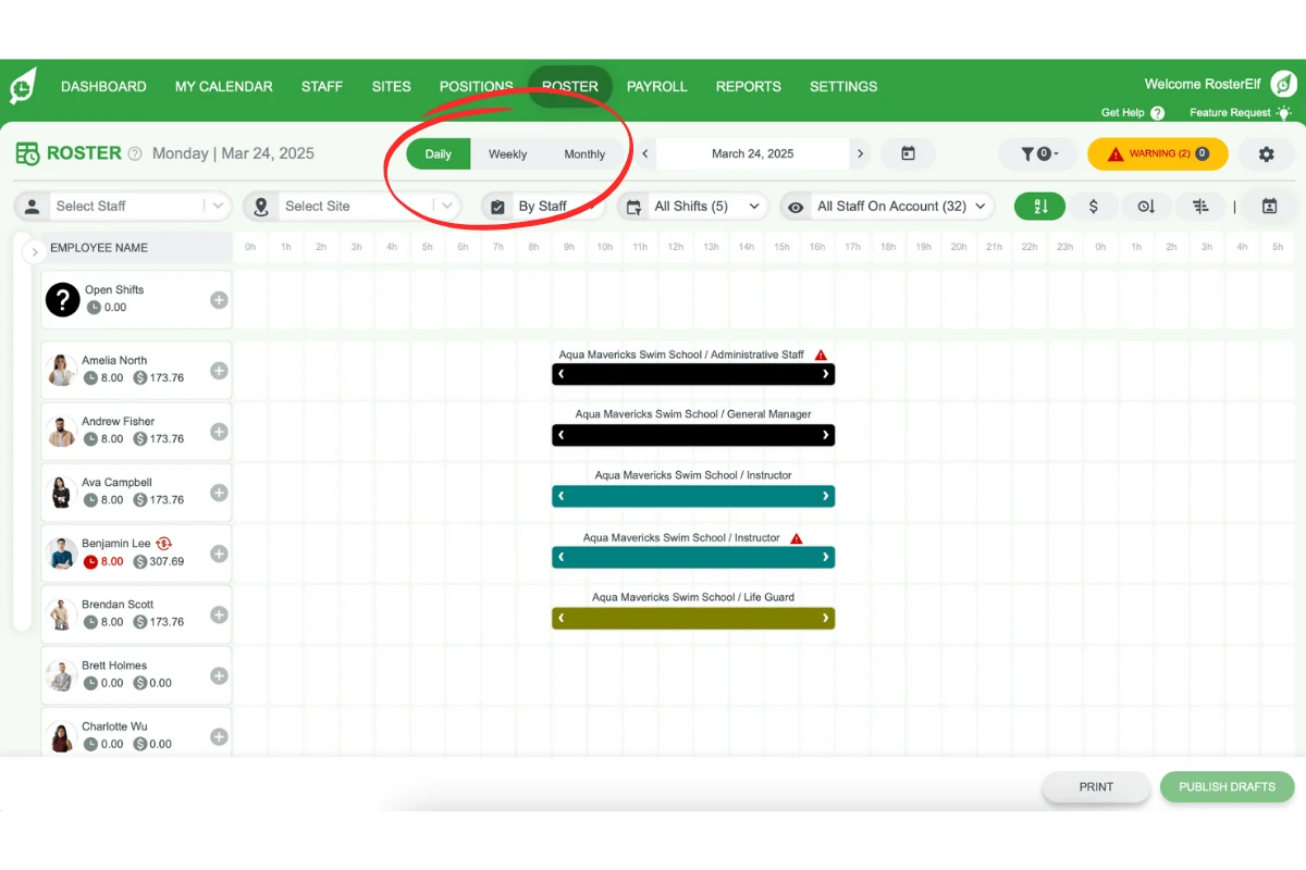 RosterElf period selector showing daily, weekly, and monthly view options