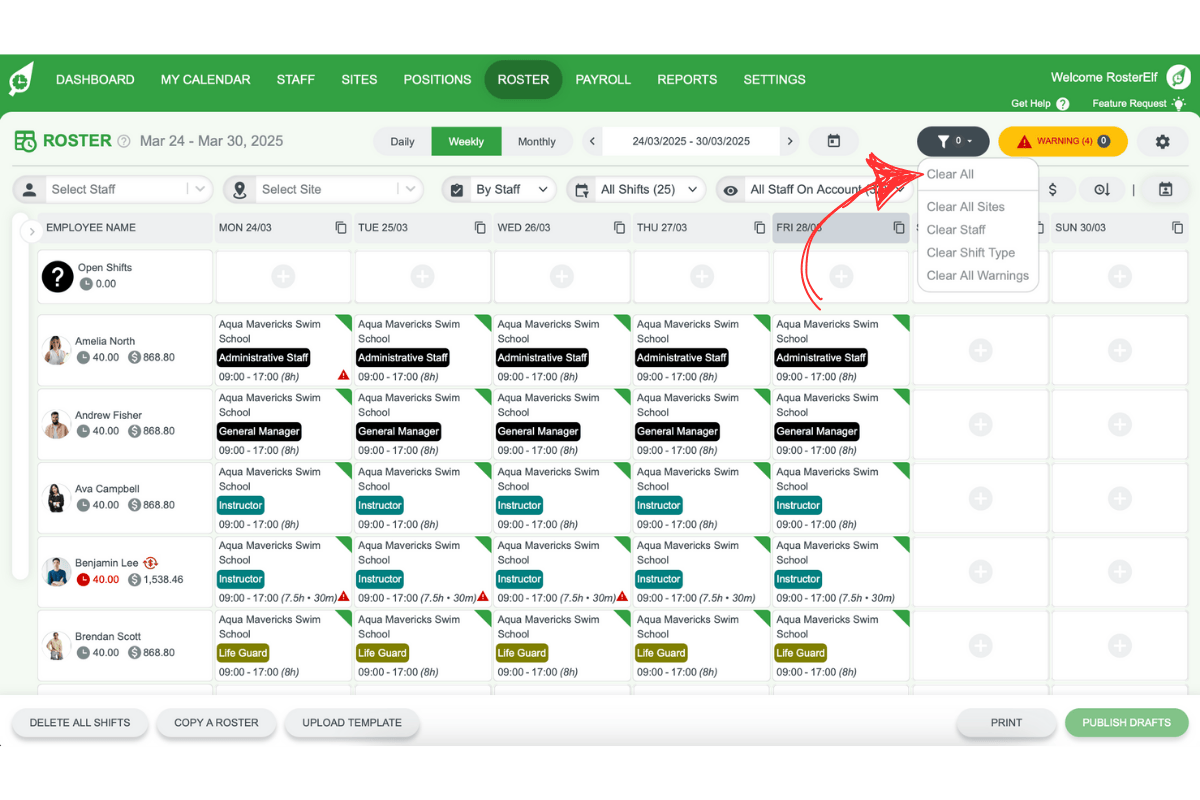 Resetting the site filter to view all locations in RosterElf