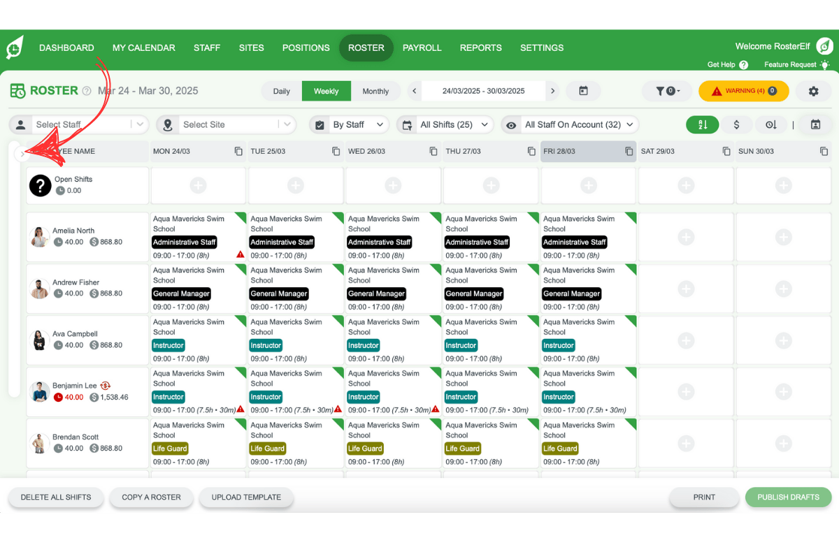 Financial summary panel with expand arrow highlighted