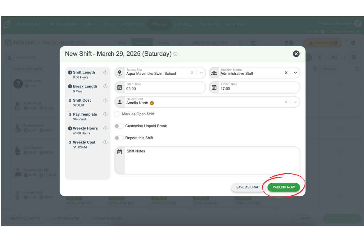 Shift creation dialog showing position, time, and staff assignment fields