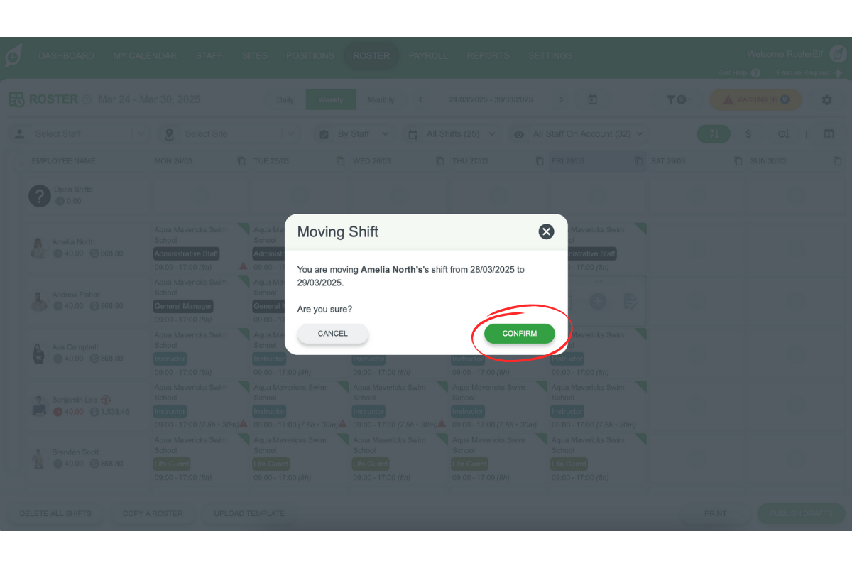 Confirmation dialog for moved shift