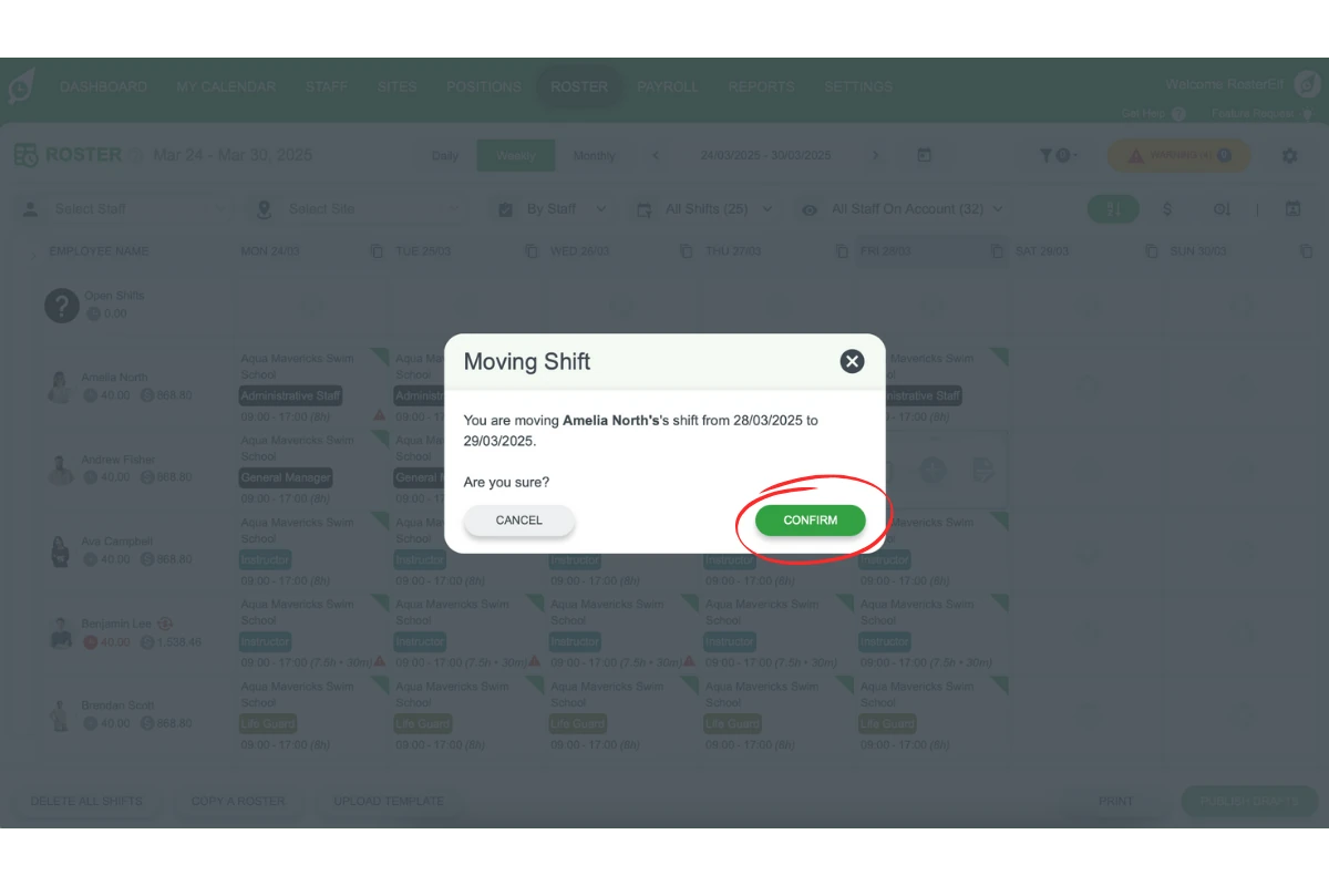 Confirmation dialog for moved shift