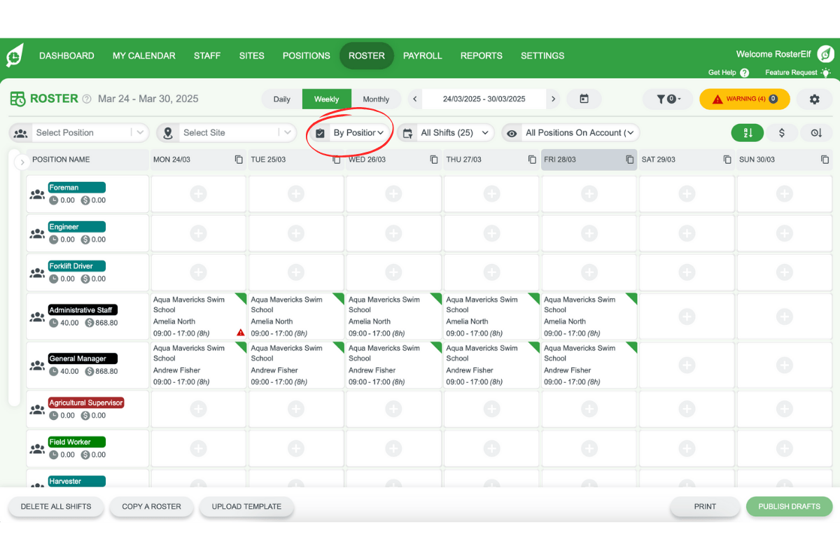 RosterElf By Position view showing roster organised by job roles