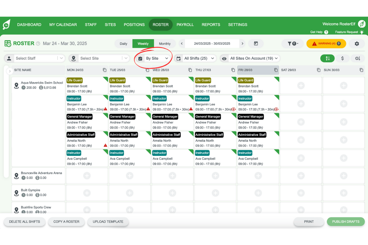 RosterElf By Site view showing roster organised by business locations