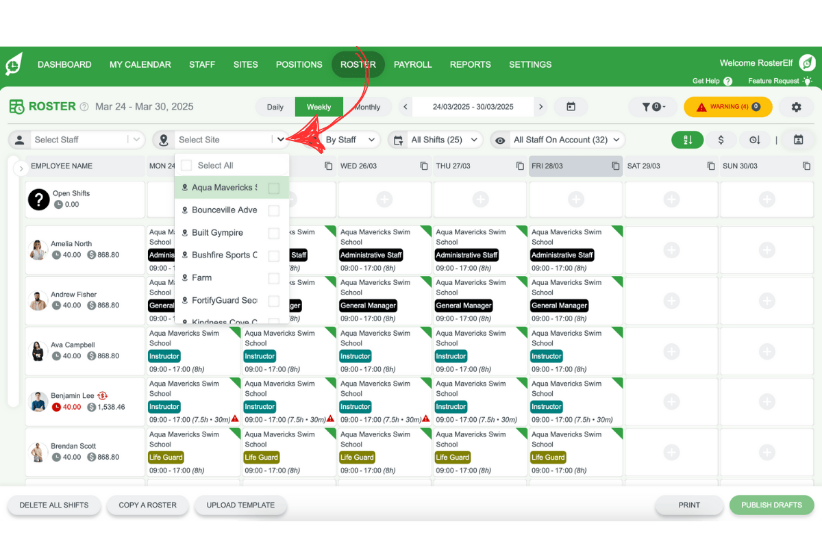 Site selector dropdown in RosterElf showing location filter options