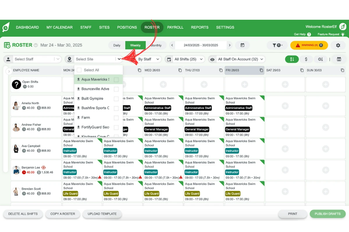 Site selector dropdown in RosterElf showing location filter options