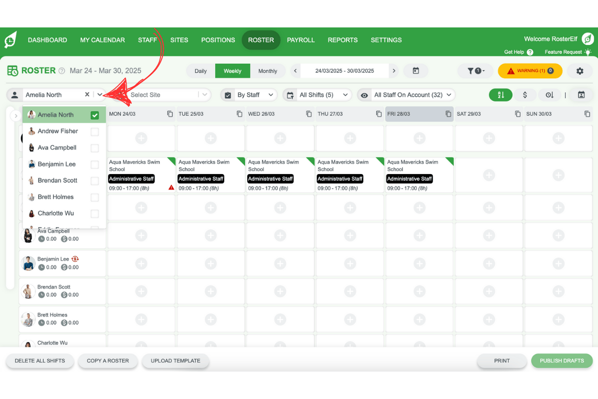 Staff filter dropdown showing individual employee selection