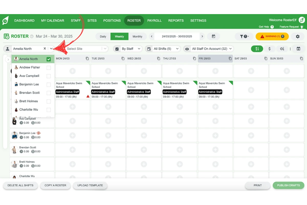 Staff filter dropdown showing individual employee selection