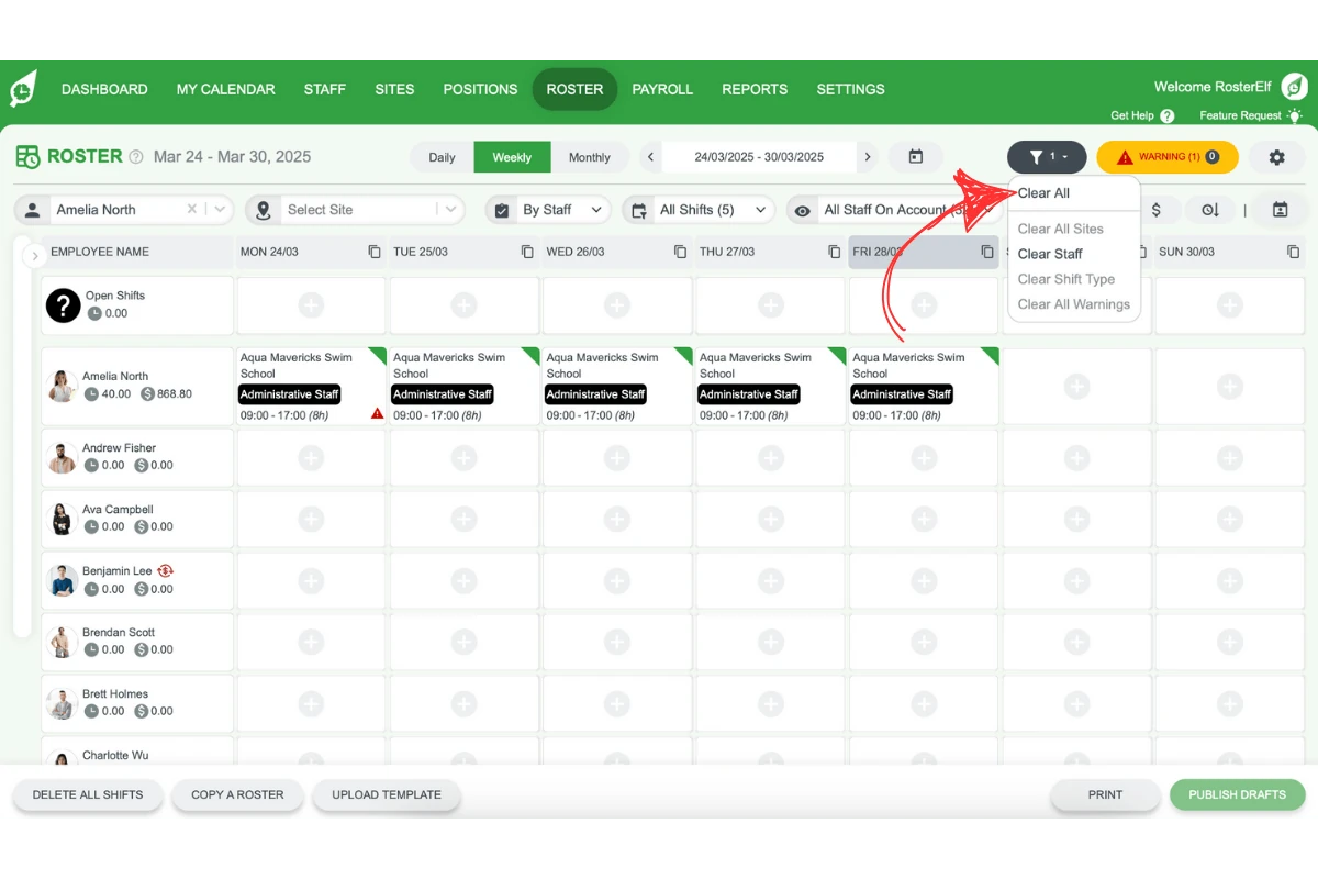 Clearing the staff filter to return to full roster view