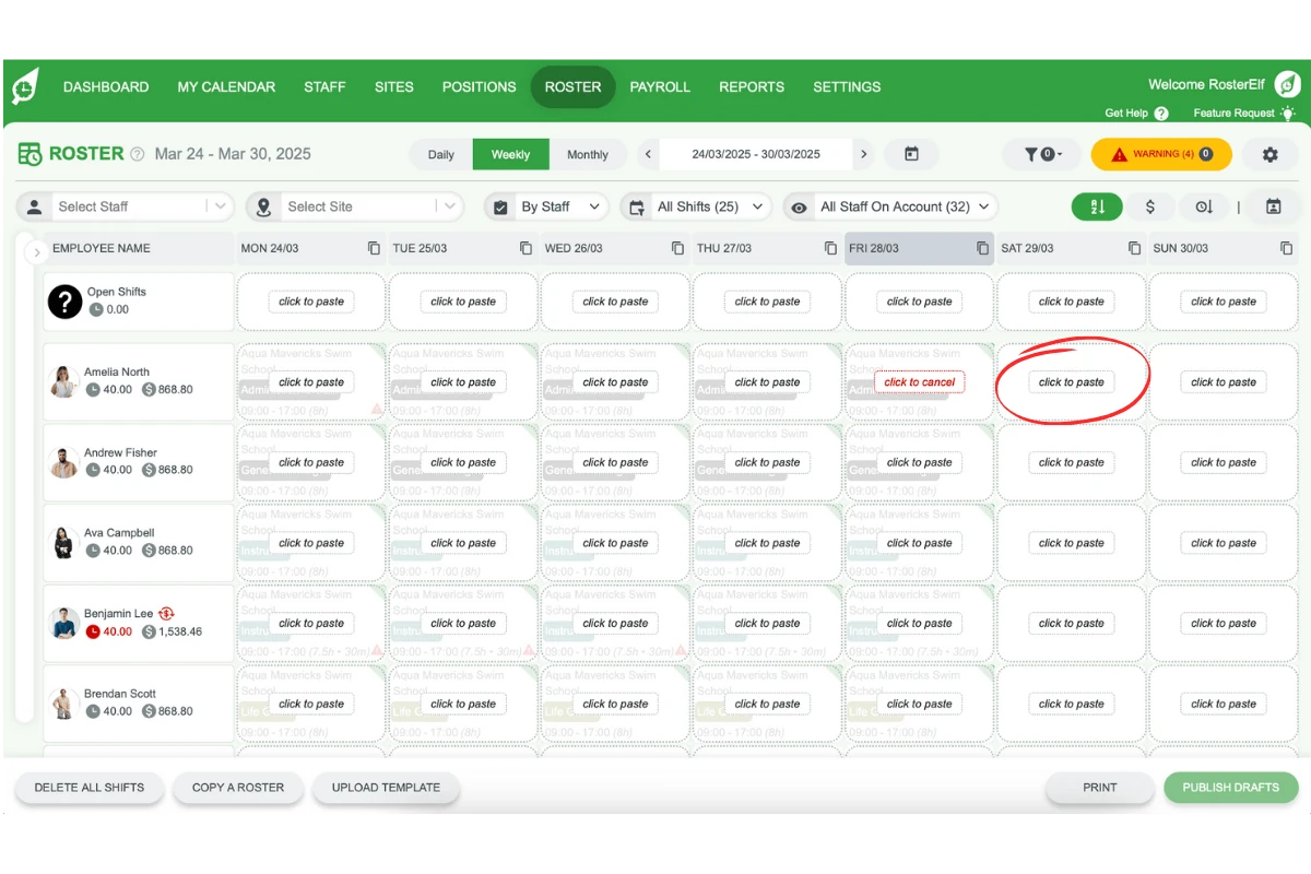 Paste option for placing a copied shift in the roster
