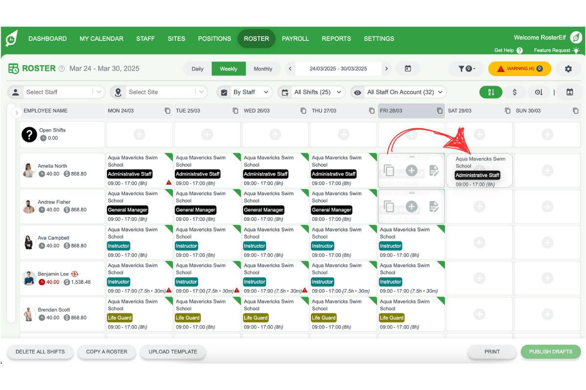 Drag handle icon on a shift for repositioning