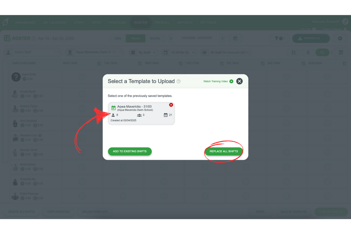 Replace All Shifts option in template upload dialog