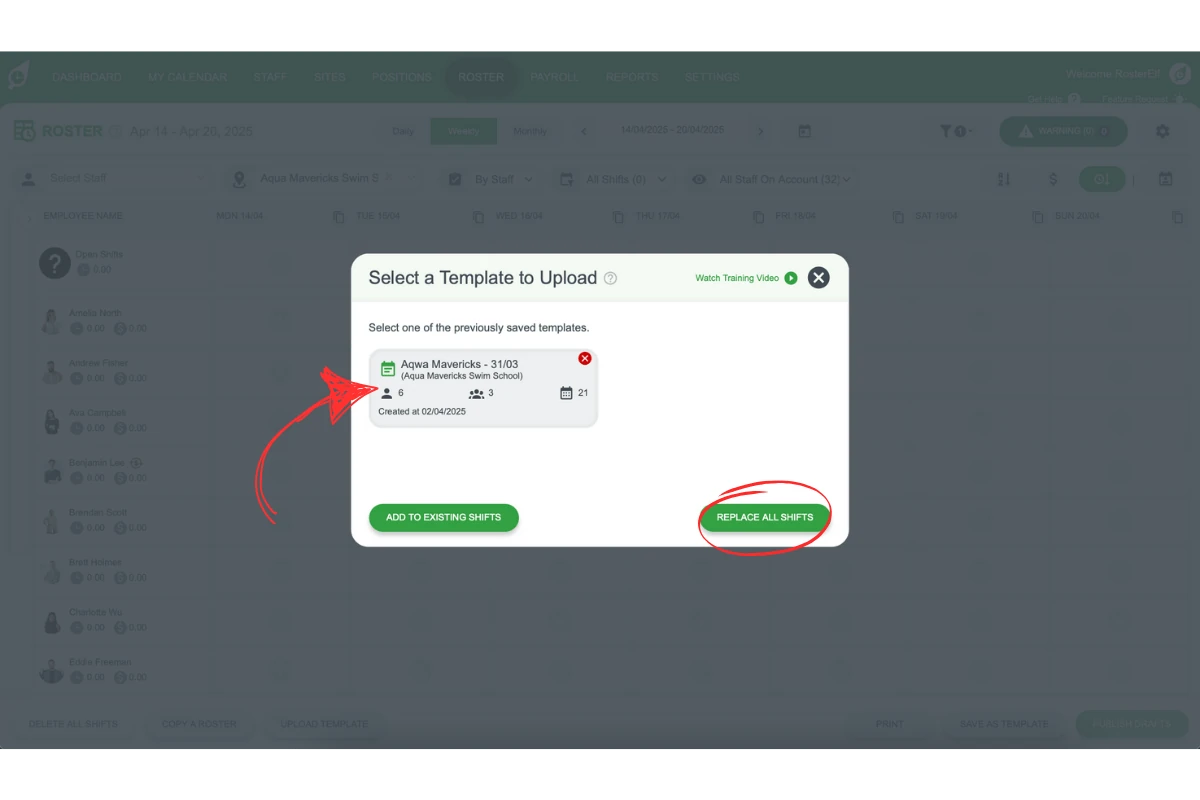 Replace All Shifts option in template upload dialog