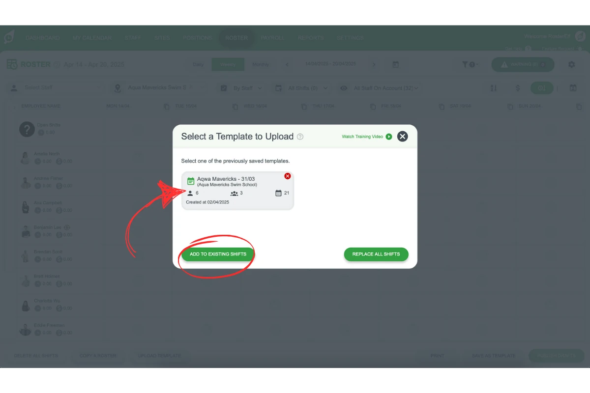 Add to Existing Shifts option in template upload dialog