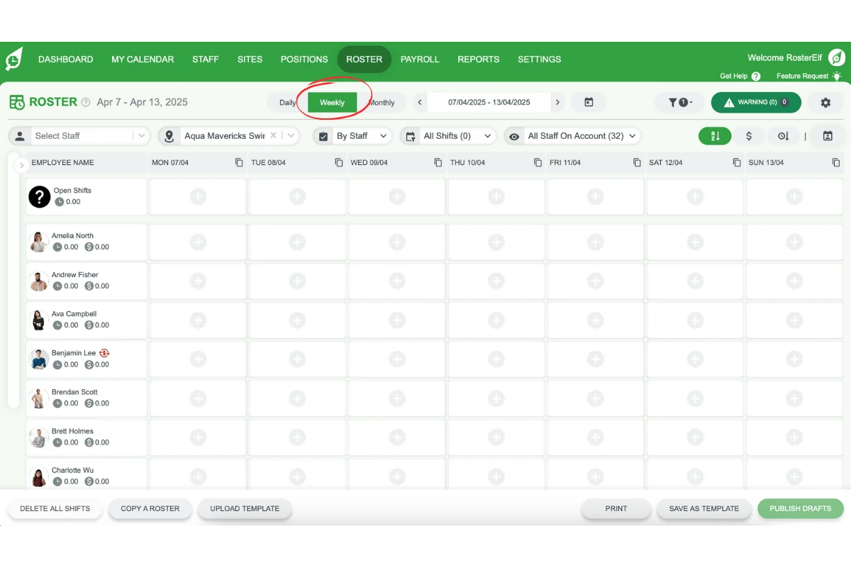 Weekly view of the roster in RosterElf