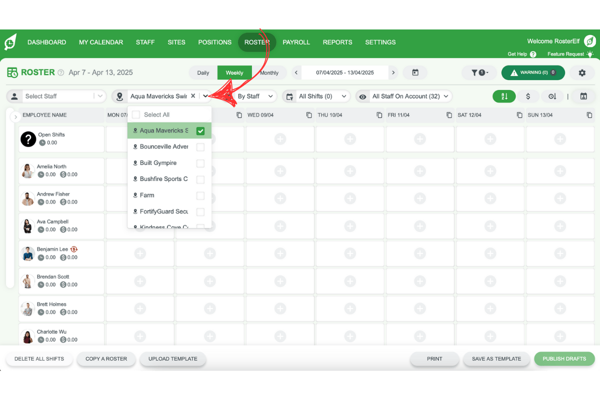 Site filter dropdown showing specific site selection
