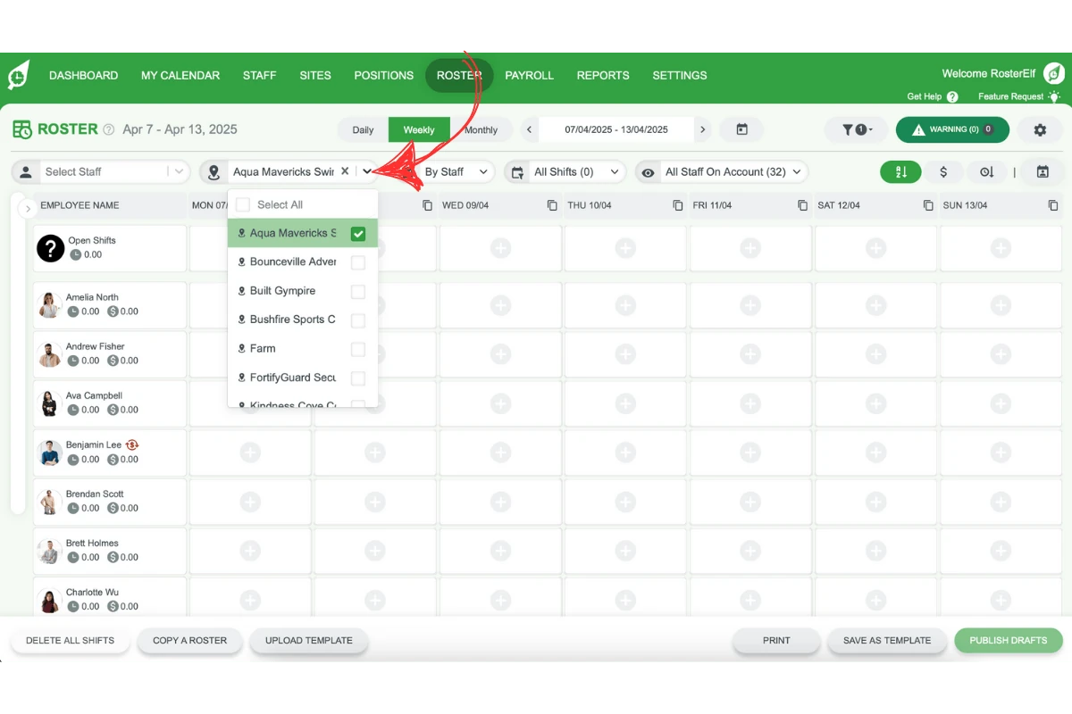 Site filter dropdown showing specific site selection