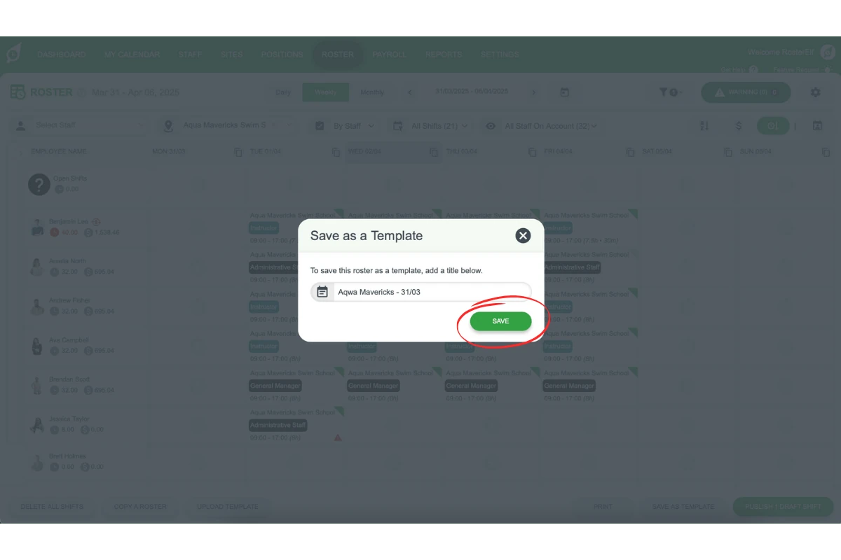 Template naming dialog with Save button