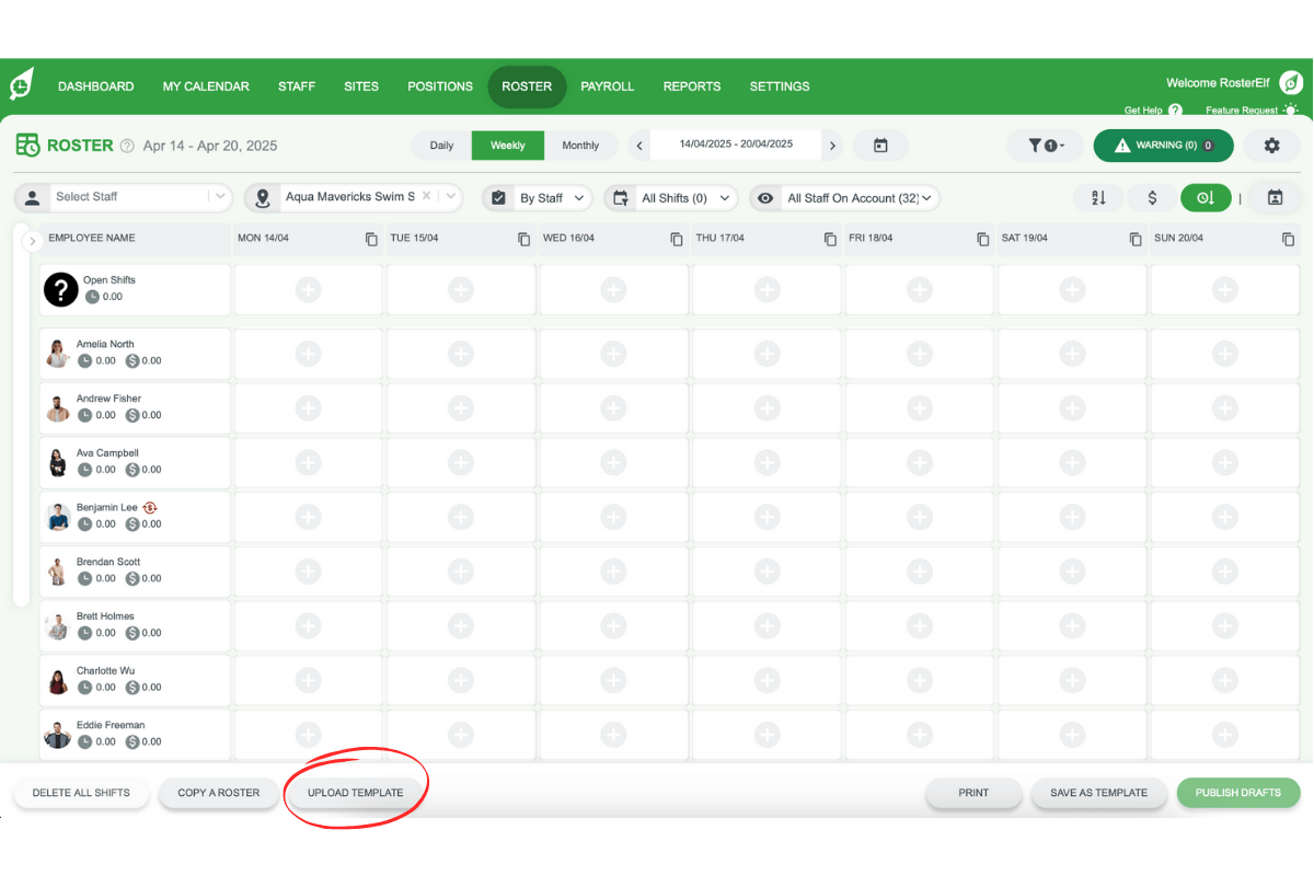 Upload Template button and template selection dialog