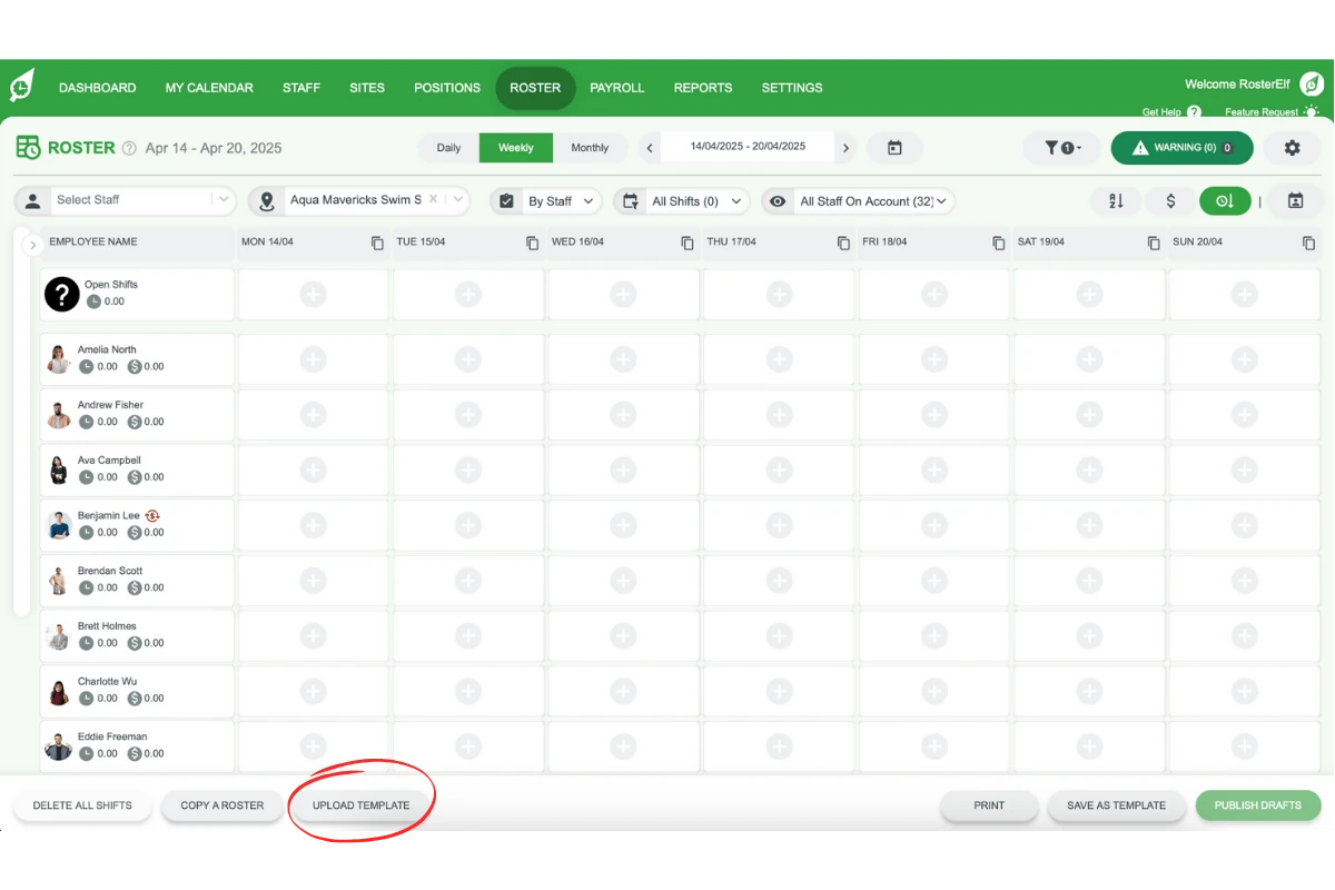 Upload Template button and template selection dialog
