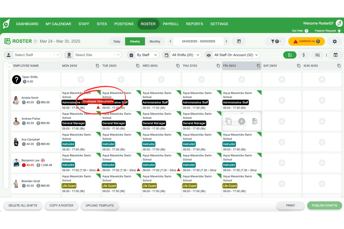 Hovering over the warning icon to read details