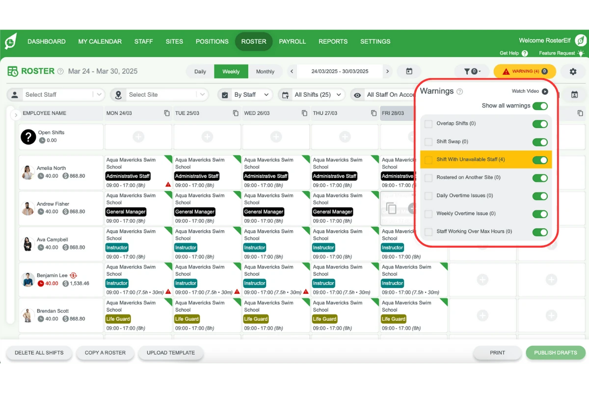 Filtering warnings by type from the roster header