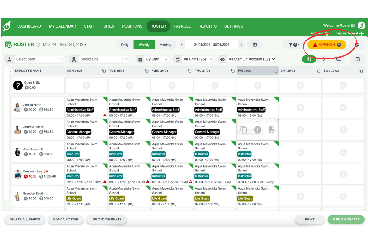 Warning counter in the roster header