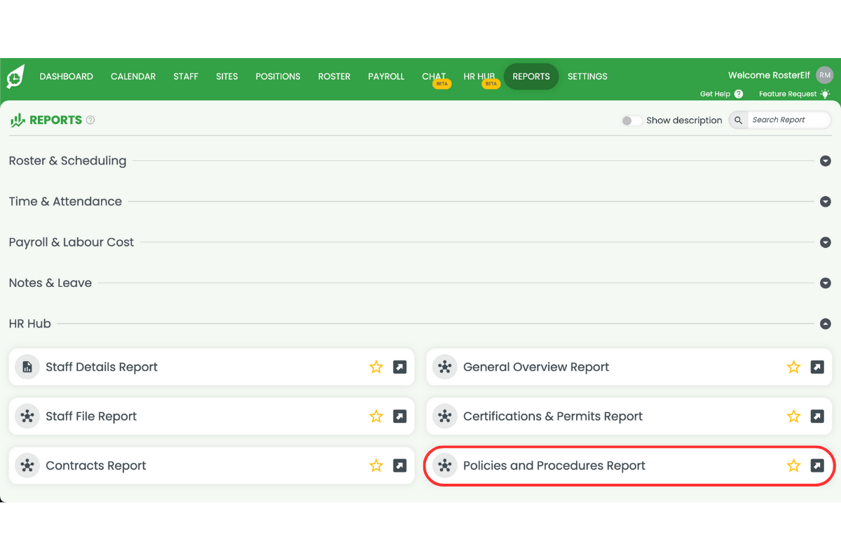 Policies and procedures report selected from HR Hub reports