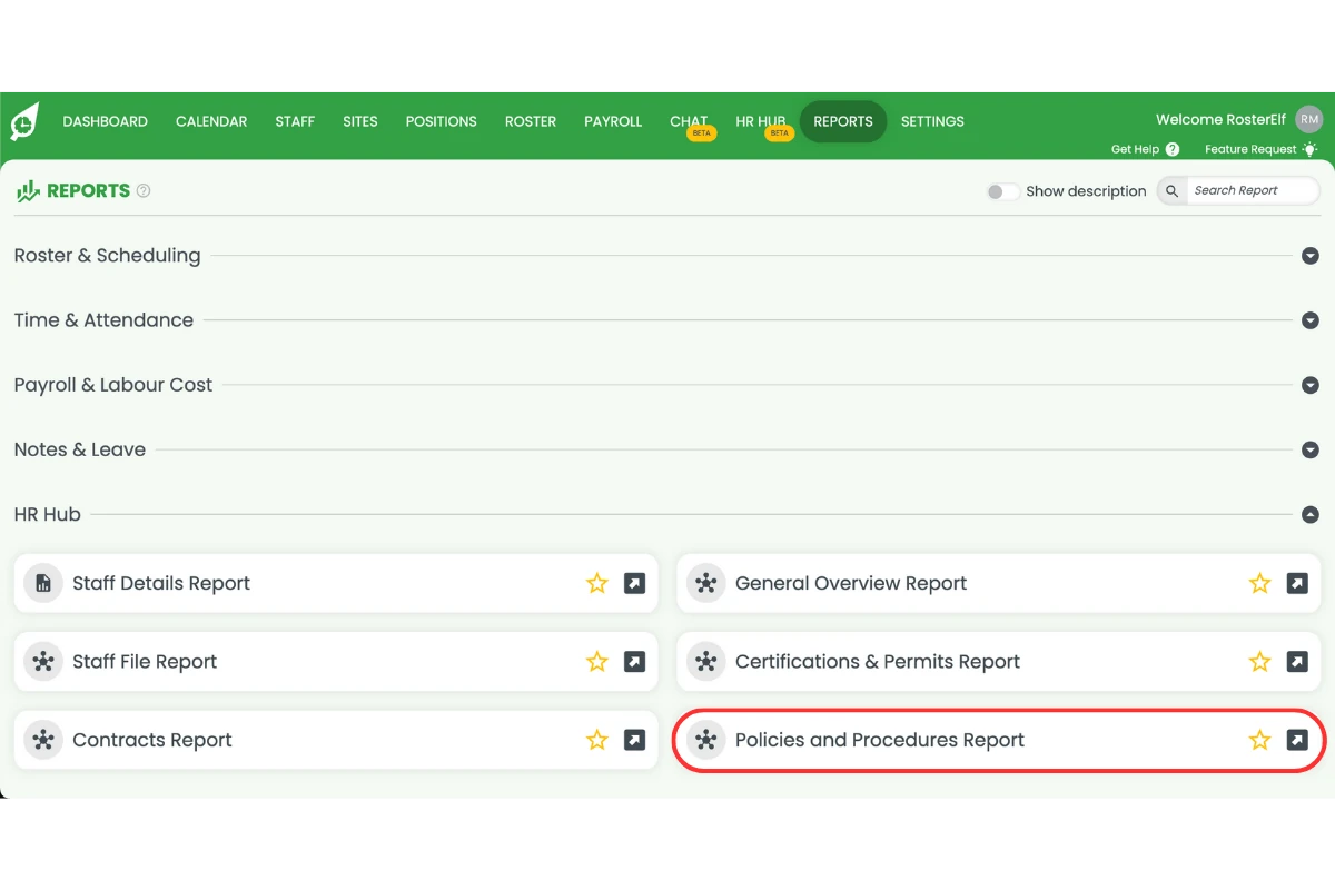 Policies and procedures report selected from HR Hub reports