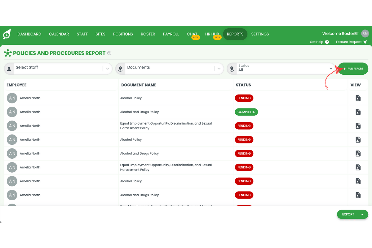 Run report button to generate policies and procedures report