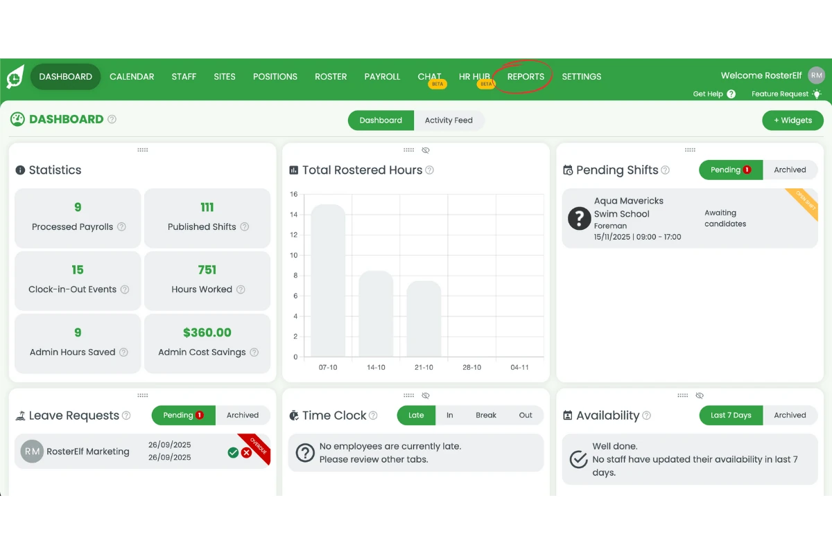 Reports menu in the main navigation