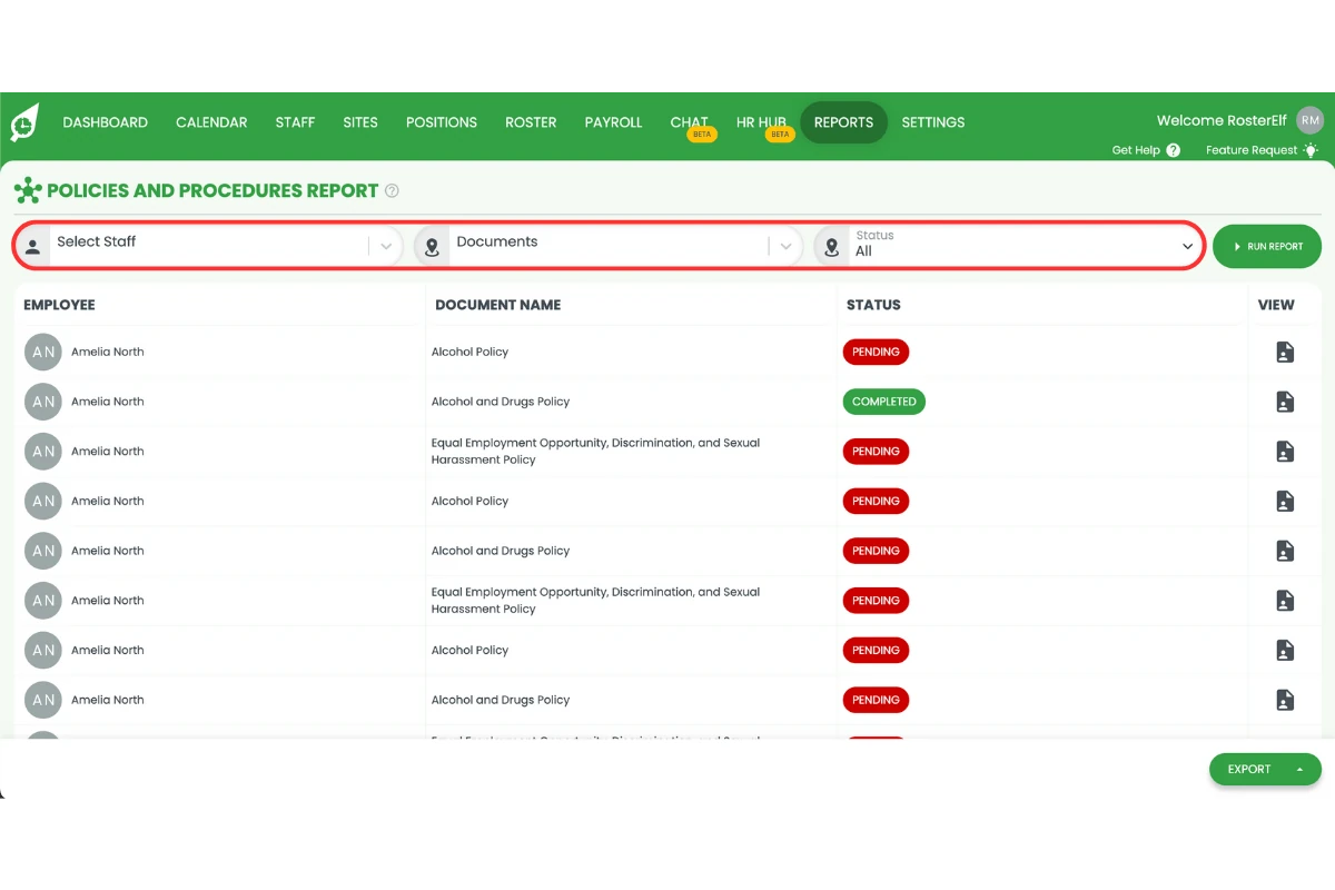 Filter options for the policies and procedures report