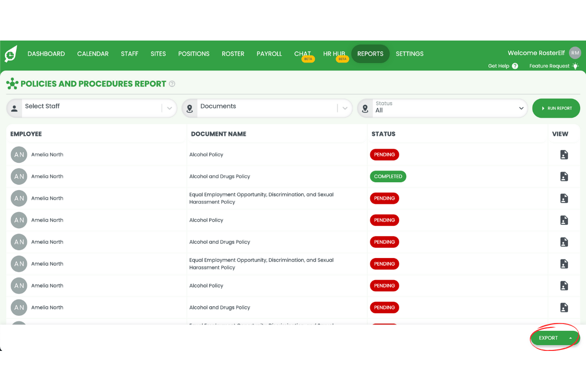 Export button to download the policies and procedures report