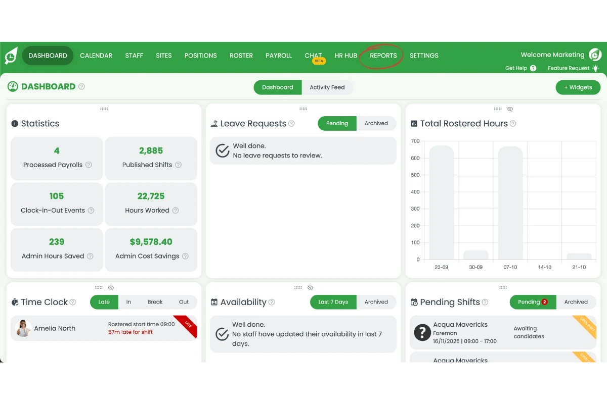 Reports tab in the top navigation menu