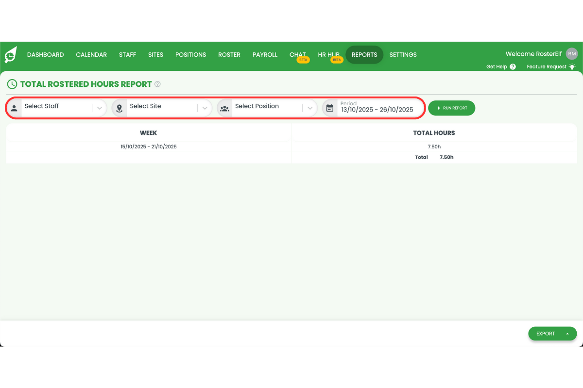 Filter options for date range, site, and department